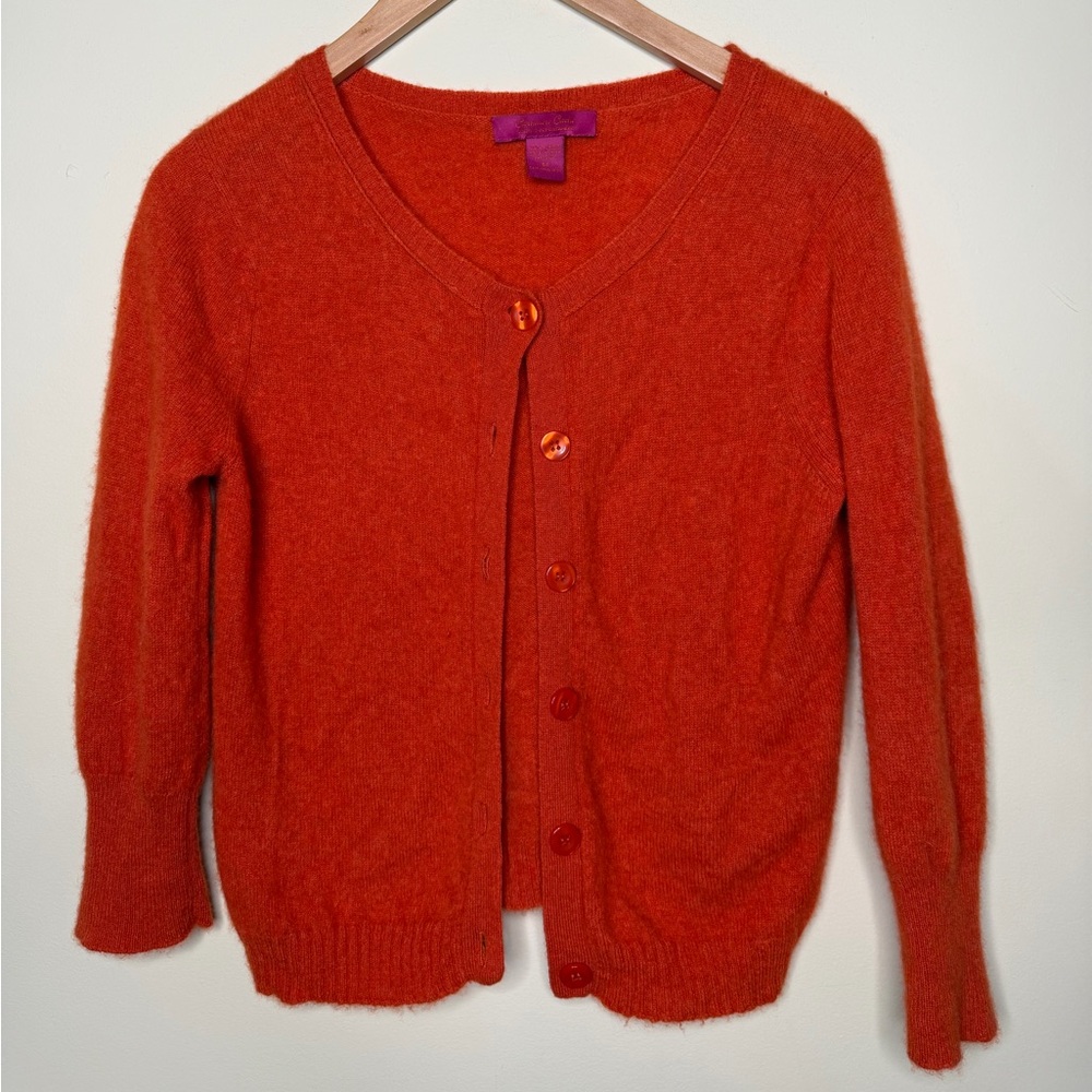 Cashmere Cache 100% 2-Ply Cashmere Button Cardigan Burnt Orange 1/2 Sleeve. M